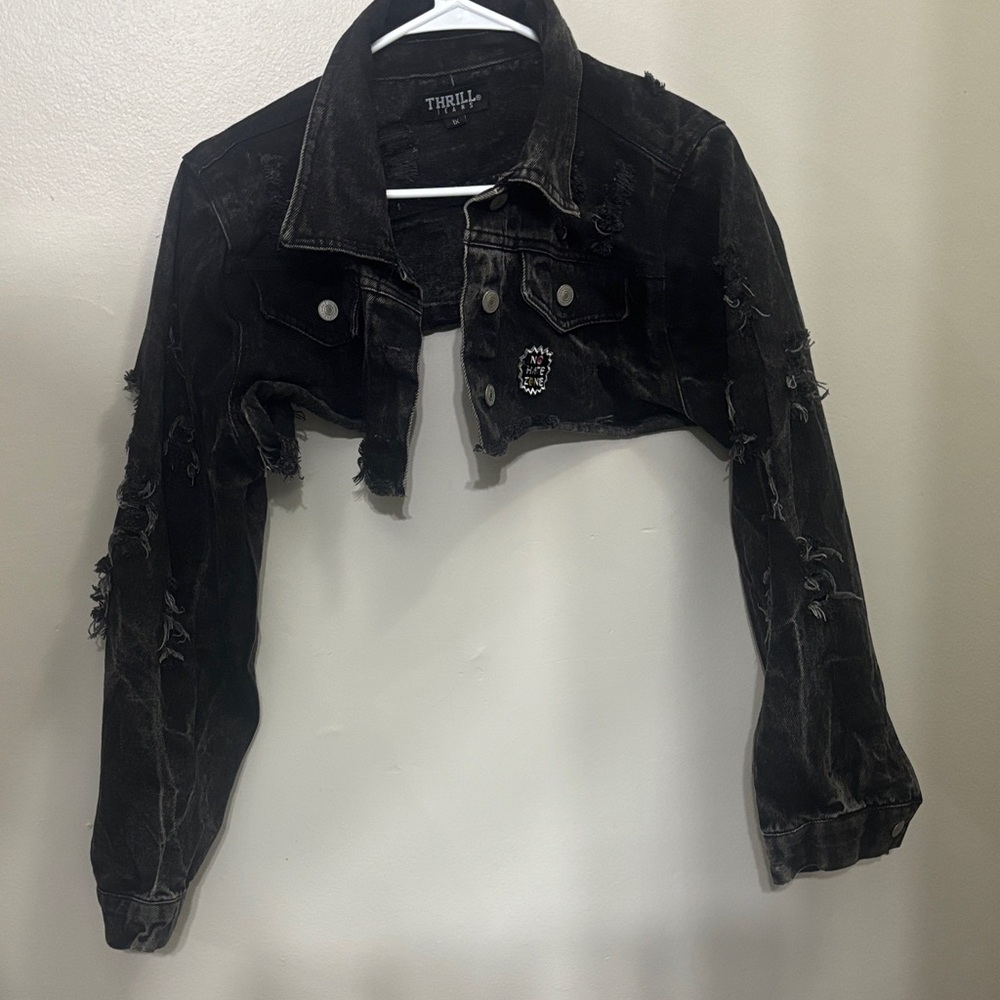 Thrills Black Distressed Cropped Denim Jacket 1X